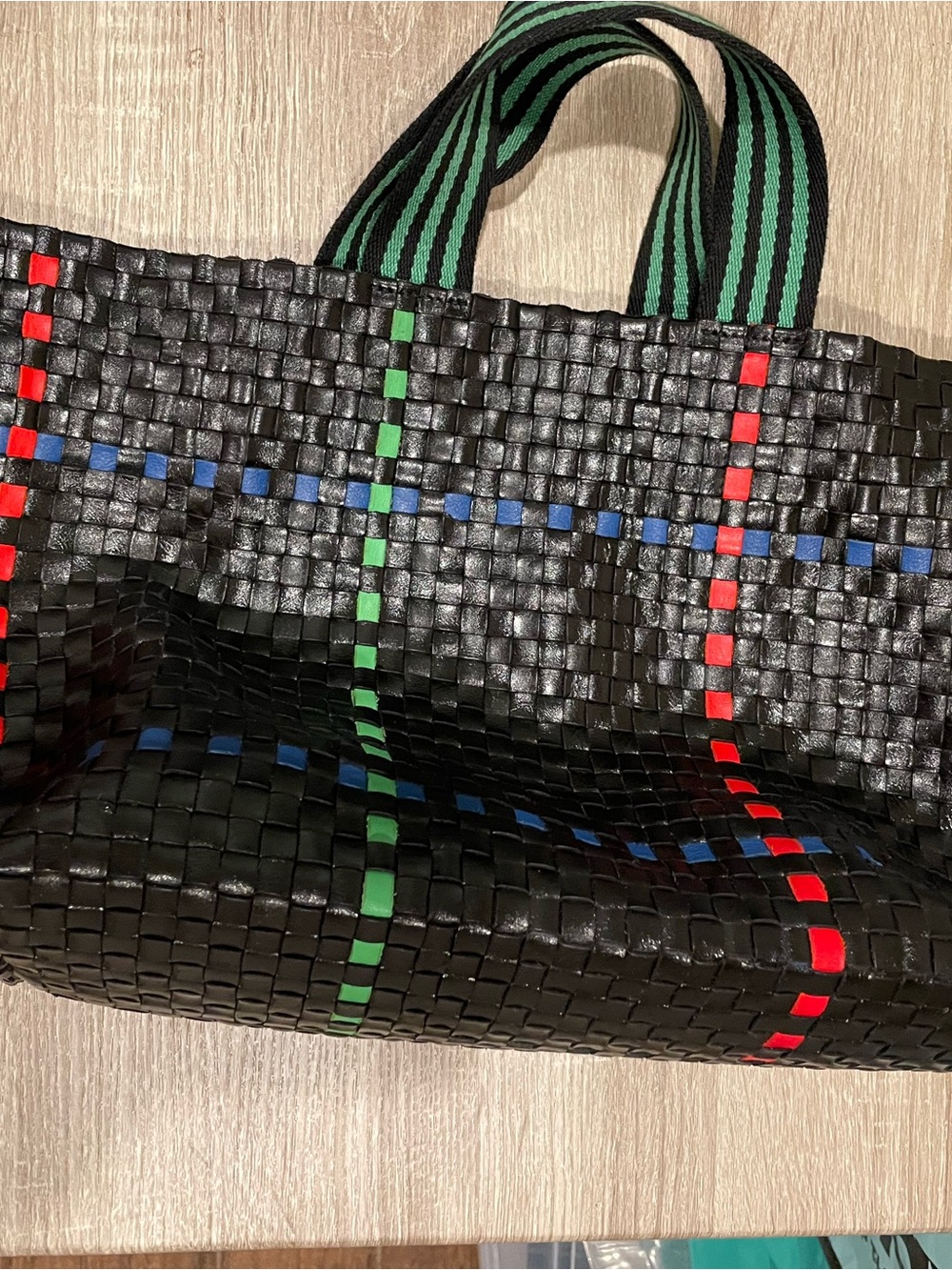 Clare V. Black Woven Leather Shoulder Bag with Red, Blue & Green Accents - Picture 2 of 4